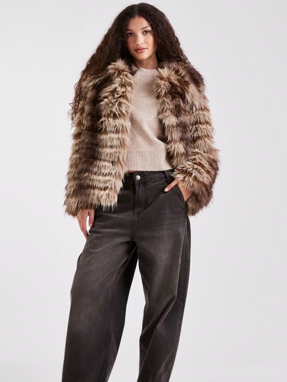 ASOS DESIGN patched stripes short faux fur jacket in brown- oversized